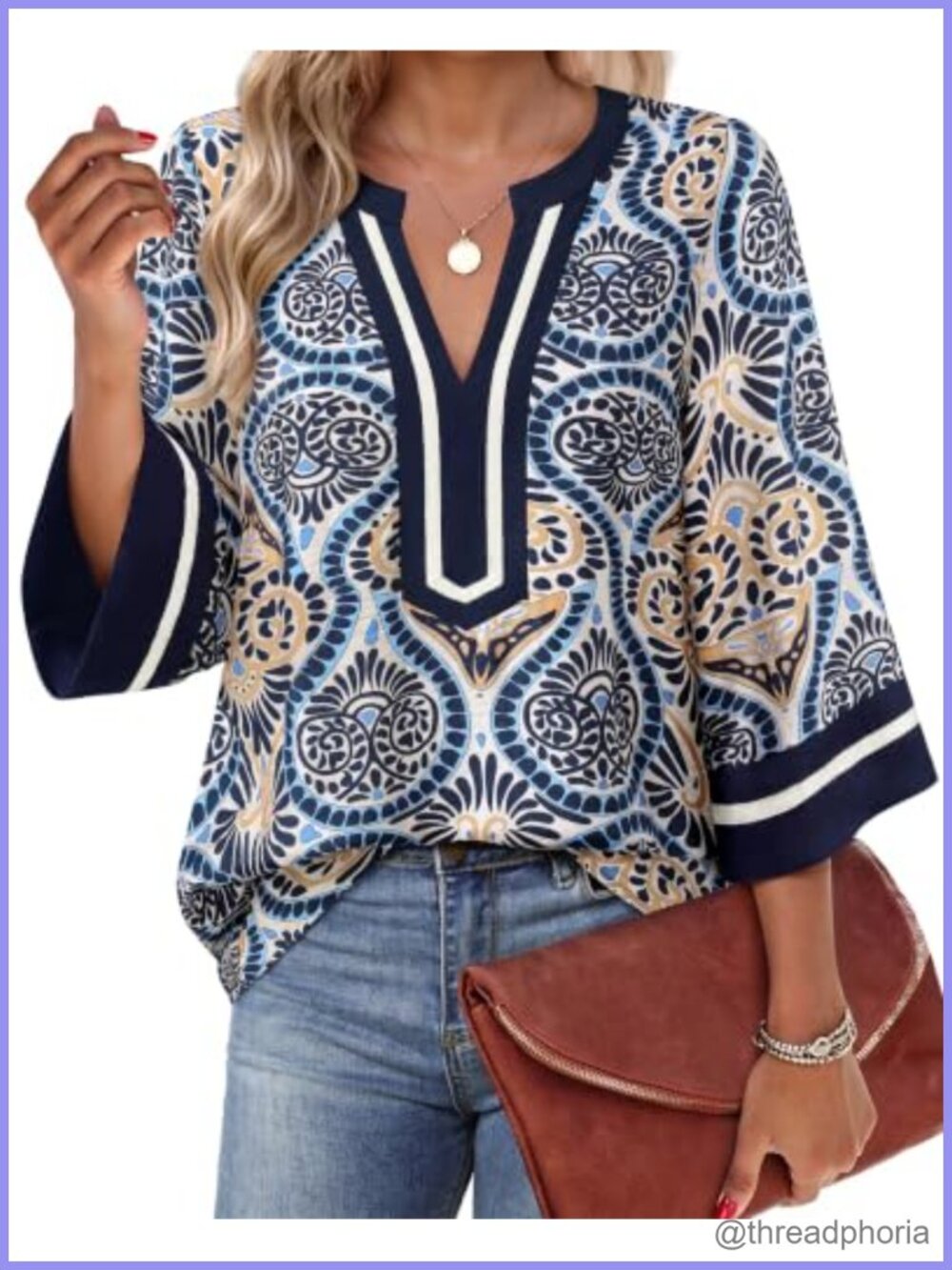 Womens Tunic Top 3/4 Bell Sleeve V Neck Loose Fit Blouse